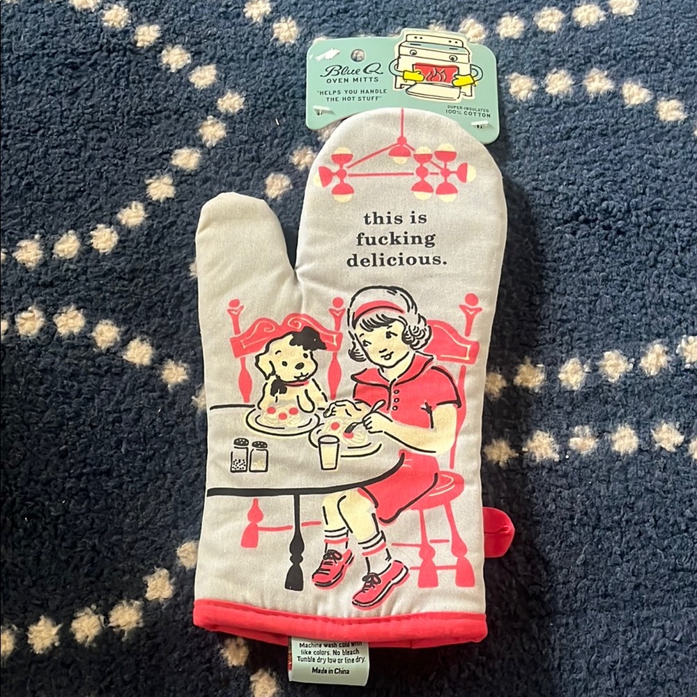Blue Q light Blue and Pink Oven Mitt with Humorous Design